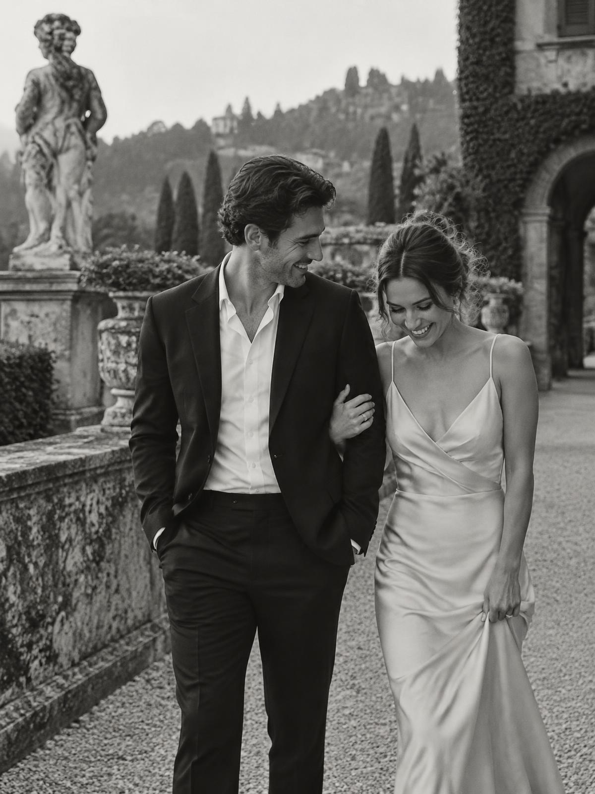 The couple walking together in an Italian garden