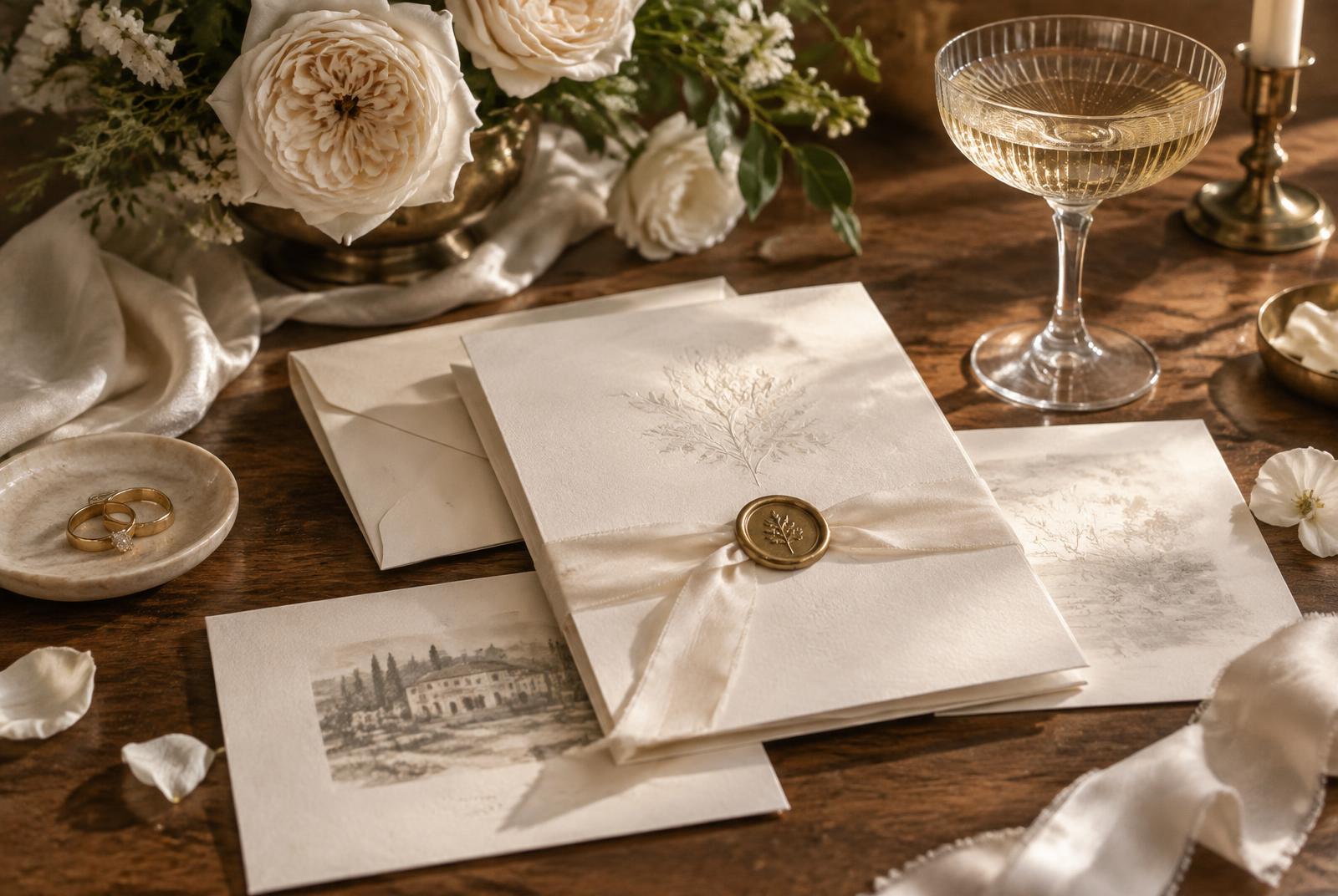 Ivory stationery, champagne, and garden roses on a walnut table