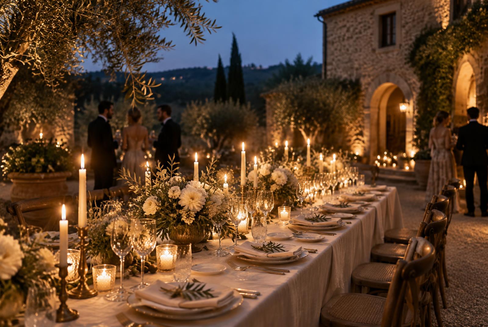 Candlelit reception table in a Tuscan courtyard